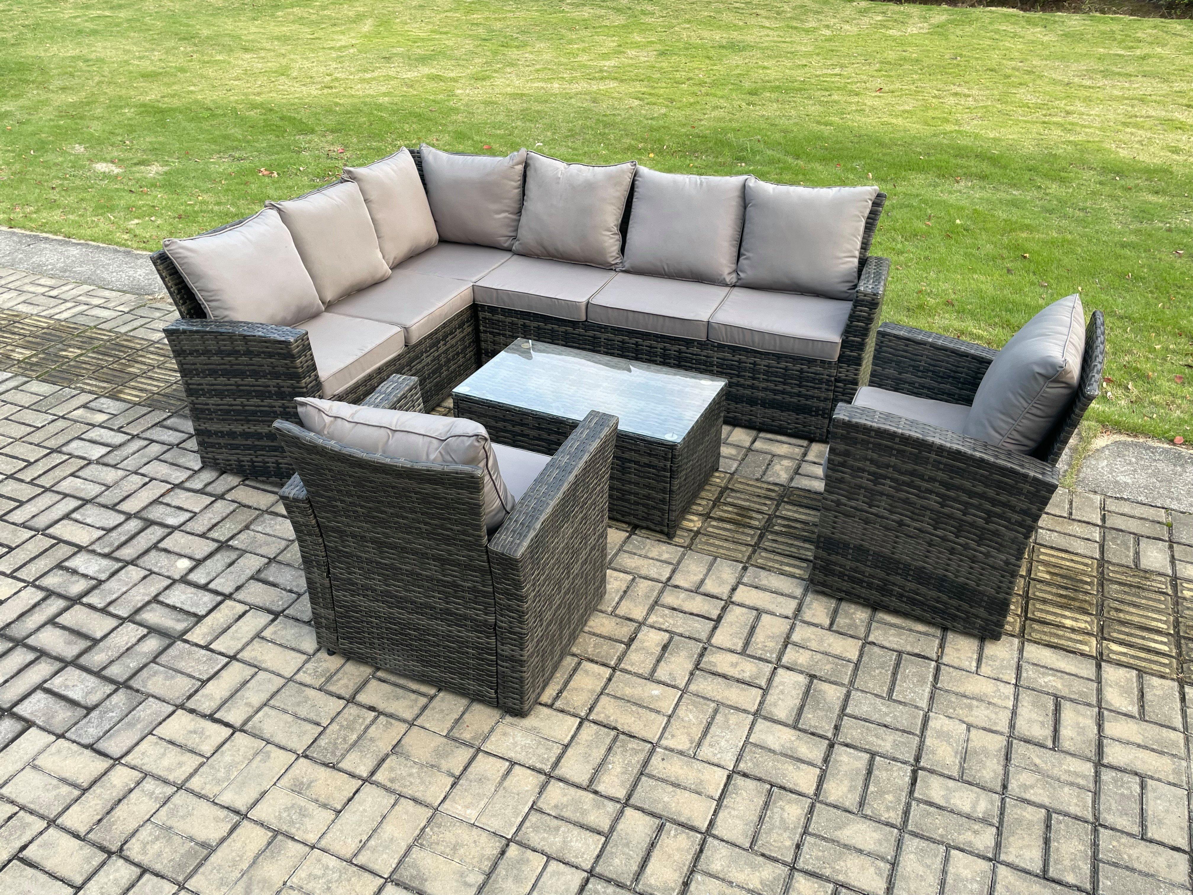 8 Seater High Back Outdoor Garden Furniture Set Rattan Corner Sofa Set With 2 Armchairs Dark Grey Mi